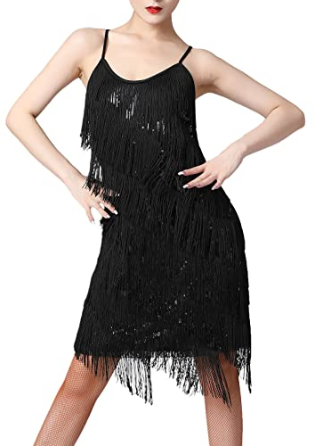 20er Jahre Kleid Frauen Damen Vintage Retro Flapper Gatsby Glitzer Pailletten Fransenkleid 1920er Hochzeit Party Charleston Kostüm Spaghettiträger Sexy Minikleid Kurz Latein Tanzkleid Schwarz M
