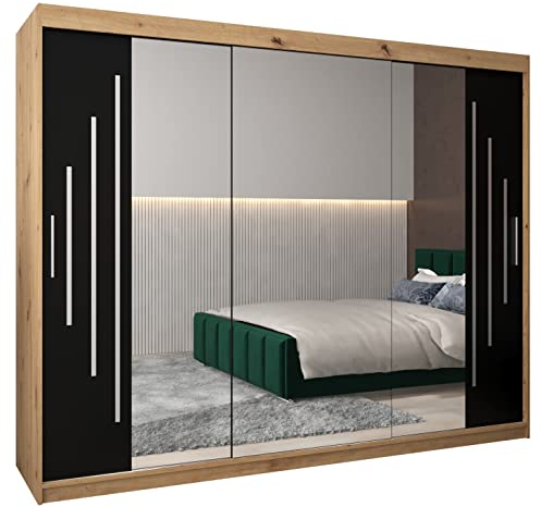 MEBLE KRYSPOL Kleiderschrank mit Spiegel York 2 - Garderobenschrank - Schrank Schlafzimmer - Mehrzweckschrank DREI Schiebetüren - Regalen - Flur Möbel - Kleiderstange Schrank - Allzweckschrank