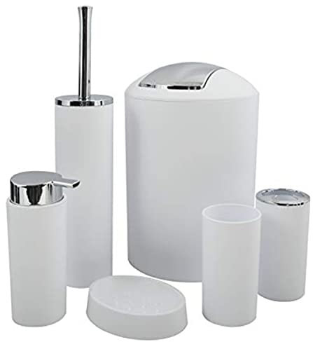 TIENDA EURASIA - Set de Accesorios Baño de 6 Piezas, Incluye Papelera Baño de 5 litros, Dispensador Jabon Baño de 300 ml, Escobilla de Baño, Vaso, Vaso para Cepillos y Jabonera Baño, (Blanco)