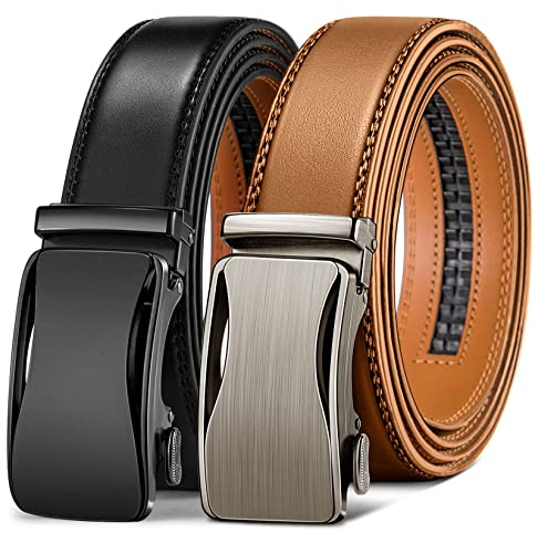 KEMISANT Herren-Gürtel mit Ratsche, Leder, verstellbarer Schiebegürtel für Herrenkleid, Freizeithose, 3,5 cm, Größe verstellbar, 2er-Pack, Schwarz/Orangebraun 3289, L
