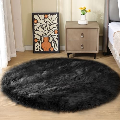 ORINOVA Teppich Rund Schwarz 150 cm Flauschig Kunstfell Fellteppich Schlafzimmer Wohnzimmer Kuschelteppich Weich Bettvorleger Waschbar