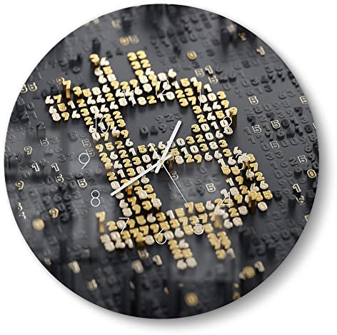 DEQORI Glasuhr | rund Ø 50 cm | Motiv Bitcoin Währungszeichen | große XXL Design Uhr aus Glas | leise Wanduhr für Wohnzimmer & Küche | Moderne Hingucker Uhr für die Wand