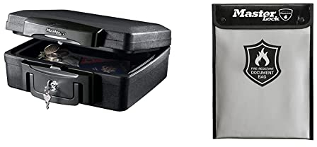 Master Lock Fireproof Document Box and Bag H0100EURHRO + FBWLZ0EURHRO, Fireproof and Waterproof, Small