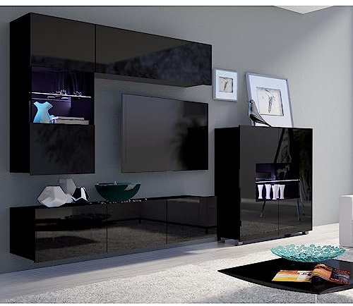 Lomadox Wohnwand Anbauwand schwarz Hochglanz 4-teilig Modern, mit 1 TV-Lowboard, 1 Hängevitrine, 1 Hängeschrank, 1 Highboard