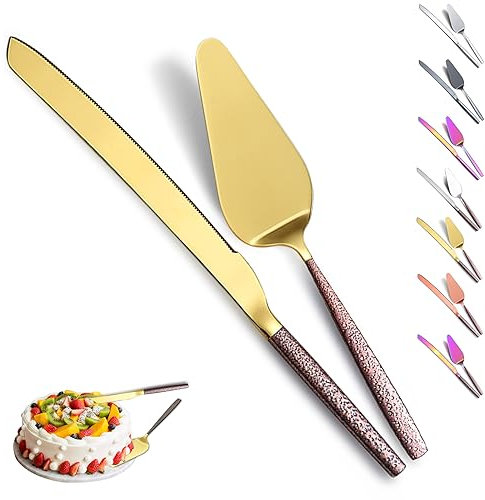 Evanda Cuchillo de pastel de bodas y conjunto de servidores, mango marrón y servidor de pastel de cabeza de oro brillante para todos los días, bodas y cumpleaños, apto para lavavajillas