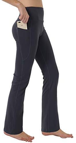 Fiita Damen High Waist Bootcut Yoga Hose mit Taschen Bauchkontrolle Workout Laufhose Lange Bootleg Flare Hose in Dunkelgrau Medium