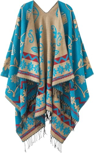 chuangminghangqi Festlicher Offenen Elegant Damen Poncho Cape Übergröße mit Reversibler Design Vielseitige Warm Decke Fransenponcho Weihnachtsgeschenkidee Perfekt für Frühling,Herbst und Winter(Blau)