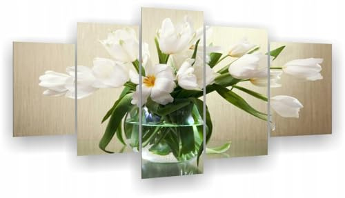 HUBDECO 5-Teiliges Leinwand Bild Wohnzimmer - Bilder, Poster, Kunstdrucke - Leinwandbild - Bild auf Leinwand - Tolle Zimmerdekoration - Schlafzimmer Bilder - 167x90 cm - Weiße Tulpen