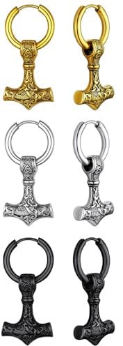 OIDEA 3 Colors Viking Thor Hammer Earrings for Men - Gothic Amulet Mjolnir Earring Vintage Stainless Steel Mens Earrings Huggie Hoop Dangle Drop Earring Jewelry Gift for Men Women