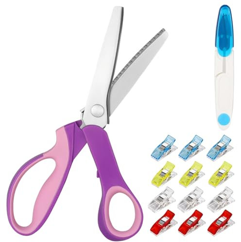 Tijeras Dentadas para Tela, Tijeras Zig Zag Profesionales de Acero Inoxidable, Tijera Costura Zigzag con 1 Cortahílos y 12 Pinzas de Tela para Cortar Telas Costura Sastre