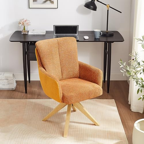 Zouron 1 x Moderner Sessel Armsessel Lehnsessel Polsterstuhl mit Eichenbeine, Schreibtischstuhl Drehstuhl ohne Rollen, Sitzfläche aus Leinen, 360° drehbar, Orange & Gelb