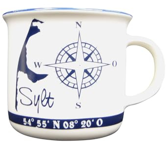 osters muschel-sammler-shop Sylt Becher Blau weiss mit Inselumriss und Randbeschriftung - Perfekt für Inselfans (Inselumriss, Windrose und Randbeschriftung 300 ml)