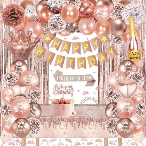 GYESXYW Geburtstagsdeko, Rosegold Party Deko Set mit Happy Birthday Banner, Schärpe und Geburtstagskrone, Konfetti Luftballons, Tischdecke, Vorhang, Pompons Deko für Frauen Mädchen Geburtstag Deko