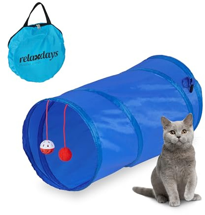 Relaxdays Katzentunnel faltbar, BxD: ca. 50x25 cm, Katzenröhre mit Spielzeug & Tasche, interaktiver Spieltunnel, blau