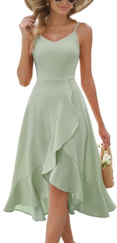 DRESSTELLS Cocktailkleid Damen Träger Hochtief Kleider Festliche Kleid für Hochzeitsgäste Grün Knielang Damenkleider Sommer Partykleid LightGreen M