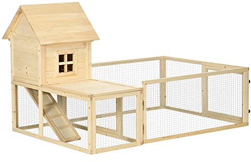 PawHut Kaninchenstall aus Holz, Kleintierstall mit Außengehege, ausziehbar Wanne, Kaninchenhaus mit Rampe, für Meerschweinchen, Natur, 151,5 x 106 x 97 cm