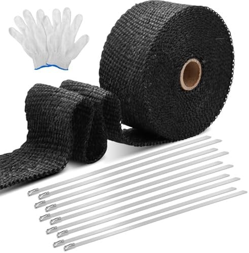 Hitzeschutzband Auspuff, 6M Auspuff Dichtband Hitzeschutzband Basaltfaser Auspuffband mit 10 Stück Edelstahl Kabelbinder, Auspuffband Hitzebeständig für Fächerkrümmer Motorrad Auto, Schwarz