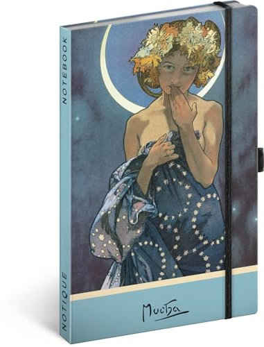 NOTIQUE Notizbuch Gepunktet mit Gummiband 13x21cm ca. A5, Designer Hardcover Notebook Dotted, Notizblock, Notizheft, Journal, Tagebuch für Erwachsene, Damen (Alphonse Mucha Luna)