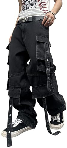 Zewool Herren Gothic Baggy Cargo Jeans mit Taschen Y2K Hip Hop Weite Beinform Skater Denim Cargo-Hosen Streetwear Goth Steampunk Harajuku Punk Lockere Passform 2000er Skateboard,A10 Schwarz,S
