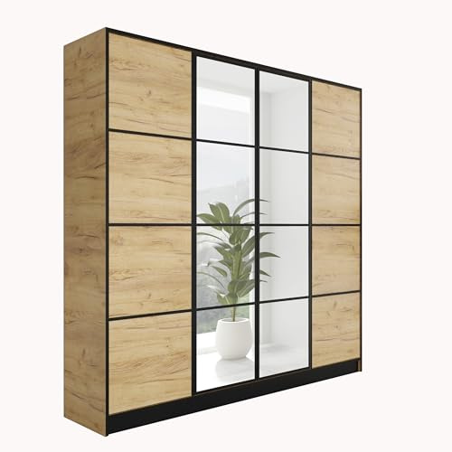 KIER FURNITURE Kleiderschrank mit Spiegel - Schrank Schlafzimmer - Garderobenschrank Flur Diele - Ausziehbare Kleiderstange - Eden v2 - BxHxT 206,4x205x39cm - 4 Türen - Craft Eiche
