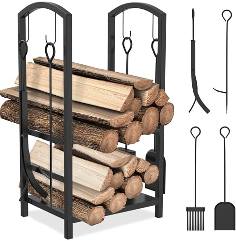 SUBTLETY Metall Kaminholzregal 40x38x76cm Doppelschicht Holzlager Kaminholzständer mit 4 Haken Holzstapelhalter mit Schaufel, Zange, Bürste & Schürhaken Brennholzregal für Innen & Aussen