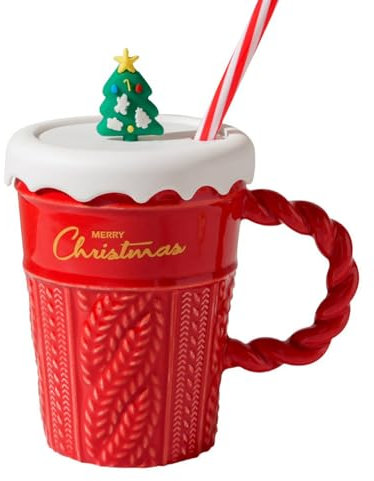 Liemuao Tasse de Noël 400 mL en Céramique - Mug à Café pour Bureau avec Couvercle et Paille, Kawaii Sapin et Père Noël - Cadeau (Rouge)