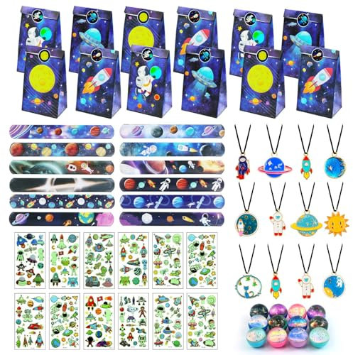 Hmfmdy 60 Pezzi per feste di compleanno per bambini, Gadget Compleanno Bambini Set, Regalini Fine Festa Compleanno Bambinis Spazio, Gadget Compleanno Bambini, Regalini Fine Festa Compleanno - C