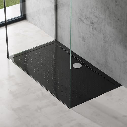 doporro Duschtasse Duschwanne Lucia02 80x140x4 flach inkl. Ablaufgarnitur Schwarz aus Acryl mit Anti-Rutsch Profil und DIN-Anschlüssen auch für bodenebene Montage geeignet