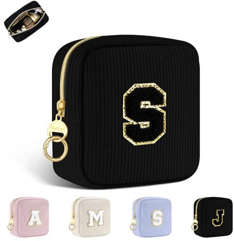 Trousse per Trucchi Donna Personalizzata Iniziale Piccola Borsa da Cosmetici Beauty Case da Viaggio Accessori Pochette Trucchi Organizer in Velluto a Coste Regalo per Ragazza Amica Compleanno Nero S