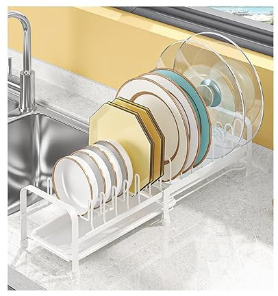 JOUING Escurridor de Platos Escurreplatos Extensible Escurridor Pequeño de Platos con Drenaje de Goteo Soporte para Platos Ajustables Soporte Ollas de Metal (Blanco)