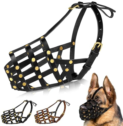 OOPSDOGGY Leather Dog Muzzle for German Shepherd, Leather Breathable Secure Basket Muzzle, Prevents Biting No Chewing Adjustable (Black, Medium)