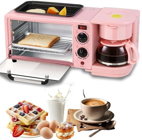 WOTZOV Estación de Desayuno 3 en 1, máquina de Desayuno eléctrica Multifuncional con Olla de 1,2 L y área de horneado de Gran Capacidad de 9 L.,Rosa