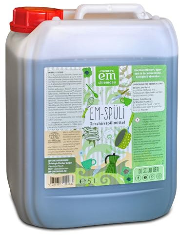 EM-Chiemgau Bio Geschirrspülmittel EM-Spüli [mit Effektive Mikroorganismen] sehr ergiebig, extrem Hohe Schmutz- und Fettlösekraft, pflanzliche Waschrohstoffe, Bio Rohstoffe, hautfreundlich - 5 L