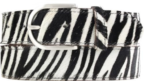 BELTINGER Damen-Gürtel mit echtem Fell 4 cm | Fell-Gürtel für Damen 40mm | Kuh-Ledergürtel mit runder Dornschließe | Zebra 100cm