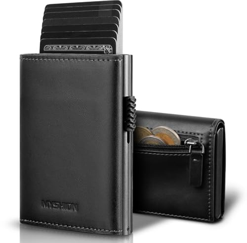 MYSHION Portafoglio Pop-Up da Uomo con Tasca per Monete, Portafoglio Trifold con Finestra ID, Porta Carte RFID Intelligente con 6 Scomparti per Fino a 11 Carte (Nero)