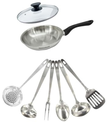 Fackelmann 9445350 Pfannenset 20 cm aus Edelstahl 18/8, Glasdeckel und 6 Edelstahlutensilien, Bratpfanne, für alle Herdarten, Induktionspfanne, PFAS-frei, Edelstahl 18/8, Glas, 20 cm