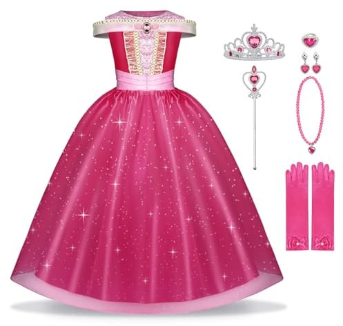 BSBUY Kostüm Kinder Dornröschen Mädchen 7Pcs Prinzessinnenkleid Kinder mit Krone Schmuck Handschuhe Zauberstab Halskette und Ringe Princess Costume für Verkleidung Karneval Halloween Geburtstag