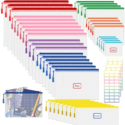 38 Stück Transparente Reißverschlusstaschen, Reißverschluss Dokumententaschen, Wasserdichte Mesh Bag, Zipper Tasche für Dateiordnung, Lagerung von Schreibwaren (Bunte, 8 Größen) mit 3 sticker