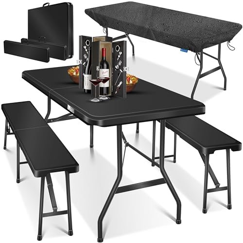 KESSER® Bierzeltgarnitur 3-teilig Set Tisch & 2x Bank | Buffettisch für drinnen & draußen Gartengarnitur klappbar 183x76x74cm Kunststoff Klapptisch Rattan-Look Gartentisch Inkl Abdeckung & Tragegriffe