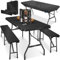 KESSER® Bierzeltgarnitur 3-teilig Set Tisch & 2x Bank | Buffettisch für drinnen & draußen Gartengarnitur klappbar 183x76x74cm Kunststoff Klapptisch Rattan-Look Gartentisch Inkl Abdeckung & Tragegriffe