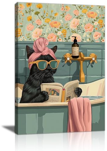 Lustiges Badezimmer Wandbilder Mit Rahmen , Schwarze Katze liest in der Badewanne Leinwand Bilder Humor Tier Gedruckt auf Bild Auf Leinwand Wanddeko Poster für Bad Schlafzimmer Wohnzimmer Bad 30×40cm
