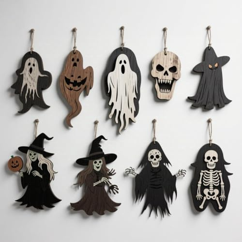 18-Piece Halloween Wooden Hanging Ornaments with Jute Twine