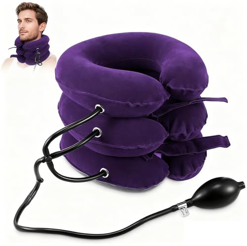 SINZONeu® Aufblasbare Nackentraktion, Verstellbare Halskrause bei Nackenschmerzen & Haltungskorrektur, Portable Für Zuhause (Lila)
