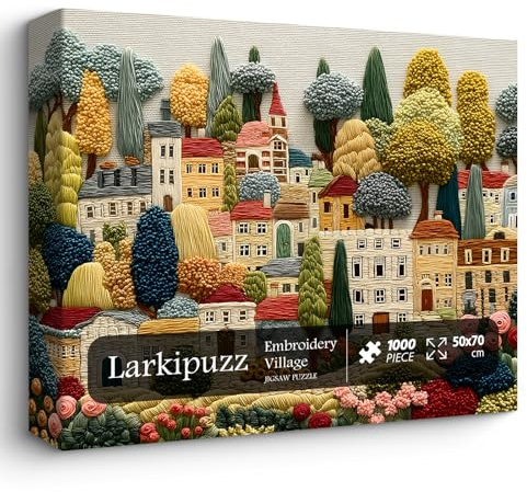Larkipuzz Country 1000 Piece Jigsaw Puzzle for Adults, Embroidery Patchwork Village House Puzzle Trees, Impossible Quilting Plants Puzzle for Wall Decor