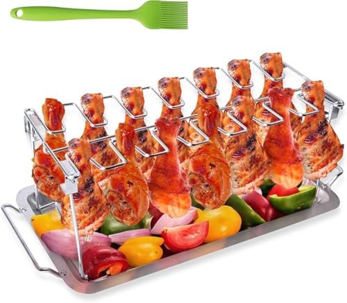 Hähnchenschenkel Halter für Backofen & Grill, Hähnchenkeulenhalter aus Edelstahl mit Platz für 14 Keulen, Grill Hähnchenschenkelhalter mit Auffangschale, Hähnchenkeulen Grill Ständer BBQ Rack