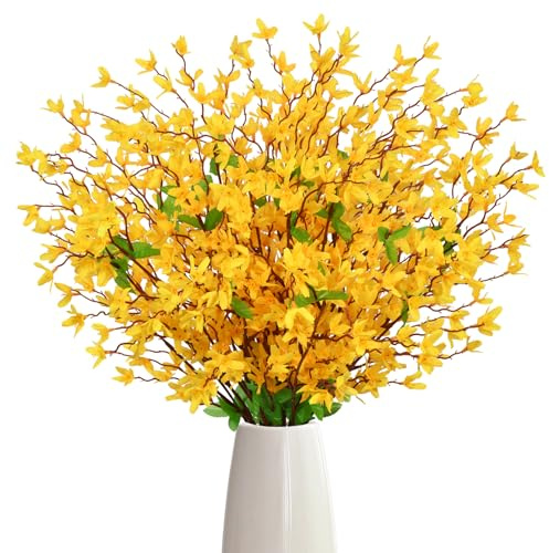 KUANINUNAR Forsythienzweige Künstlich Frühlingsblumen 60cm Gelb Kunstblumen Jasminsträuße Forsythie Künstlich Frühling Zweige Frühlingsblütenbusch Osterstrauß Vase Wedding Home Party Office (Gelb)