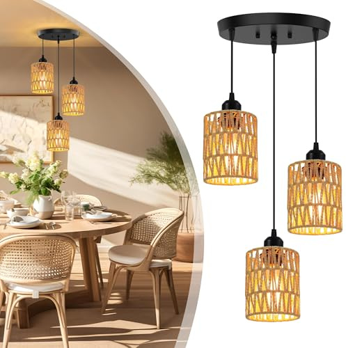 COOINJOY Boho Rattan Pendelleuchte, 3-Flammige Hängelampe für Esstisch, Natürliche Deckenleuchte mit E27 Fassung, Vintage Lampe für Esszimmer, Küche, Wohnzimmer, Flur(keine Glühbirne)