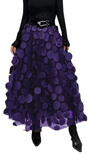 Damen Tüllrock Lang Maxi Große 3D Punkte für Karneval & Party - Frauen Rock A-Linie Gepunktet für Fasching & Kostüm - Weiter Tüll Maxirock Elastisch Hohe Taille für Abendmode