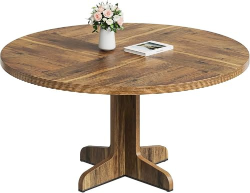 GarveeMore Runder Esszimmertisch für 4–6 Personen, 120 cm Tisch mit Holzsockel, Dunkle Eiche, Moderne runde Esstische für Küche, Esszimmer und Wohnzimmer (Nur Tisch)