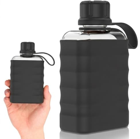2Pack Slim Flat Water Bottle, 240ml Mini Portable Travel Liquor Flask with Silicone Sleeve, BPA Free Clear Small Flask, Leakproof Pocket Drinking Bottle for Alcohol, Juice, Gym & Office(Black)